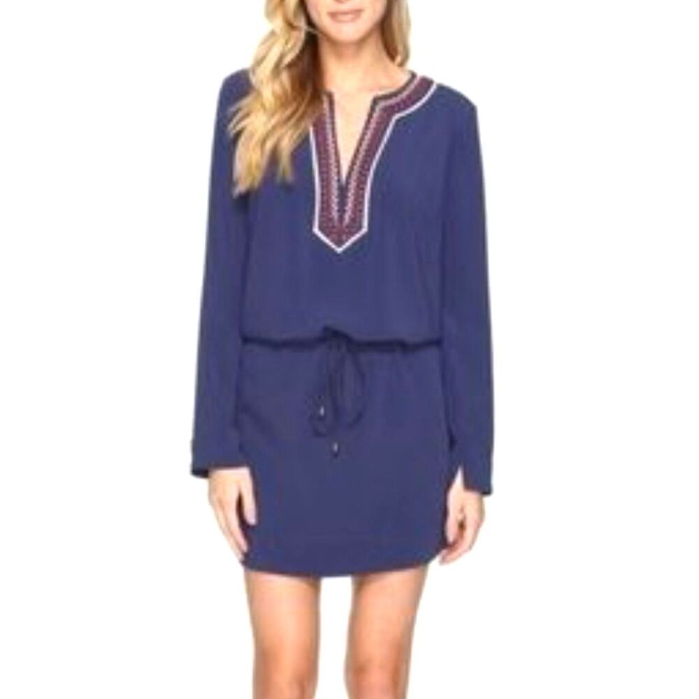 Laundry by Shelli Segal Navy Embroidered Drawstring Blouson Dress‎ Size S